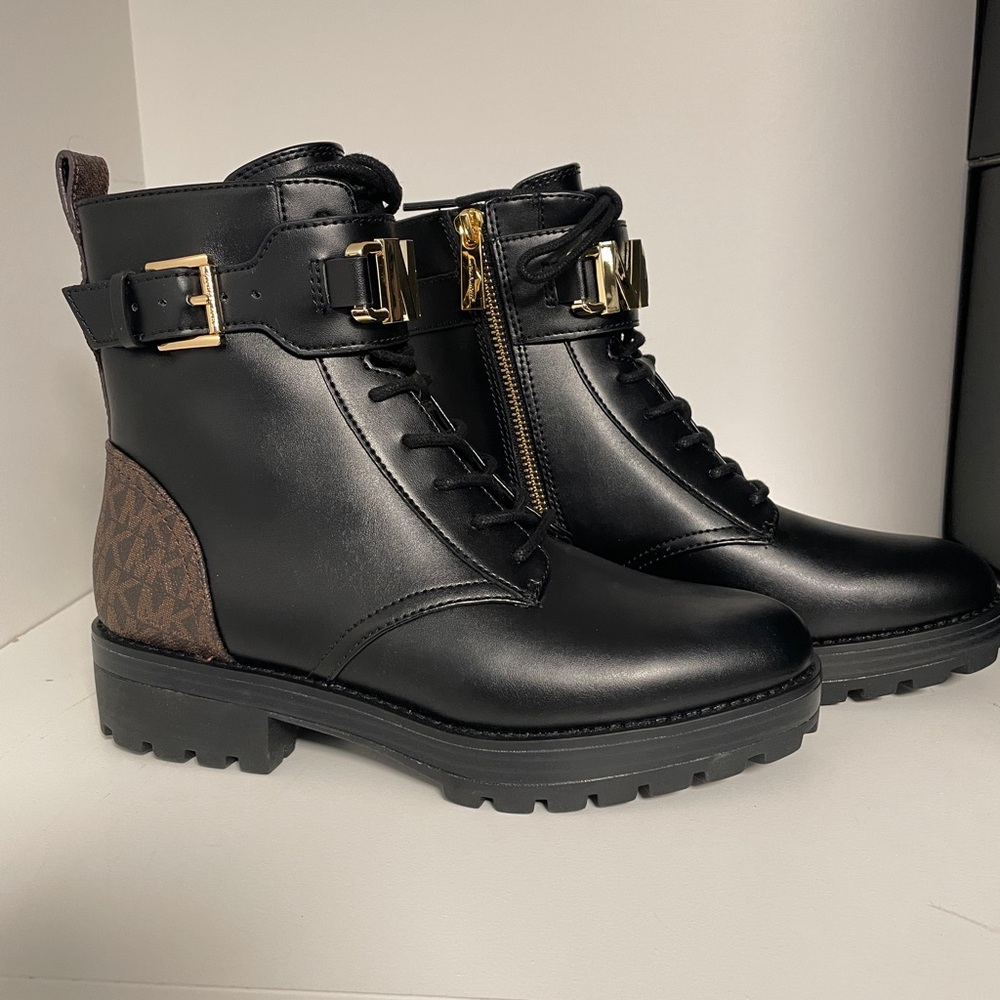 Black Leather Ankle Boots with Gold Buckle (US 6M)
